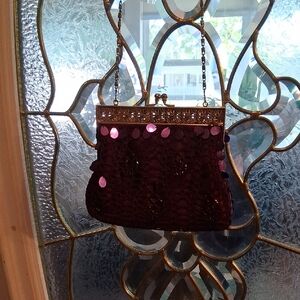 Purple Sequin Crochet Evening Clutch with Chain Handle
